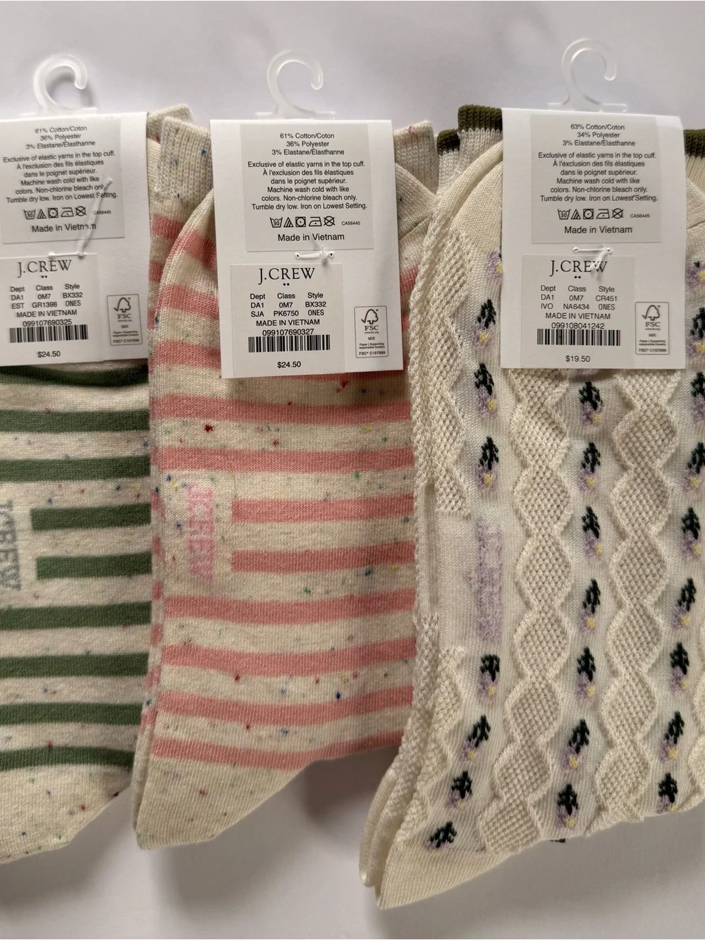 NWT J.Crew Trouser Socks Bundle | Pink Stripe, Green Stripe & Floral | 3 Pairs